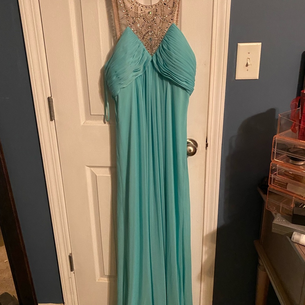 Xscape Aqua Dress with Beaded Straps